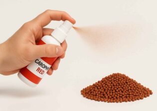 Carophyll Red being sprayed on fish food pellets for colour enhancement in aquarium fish
