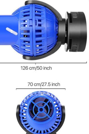 Blue aquarium water pump with dimensions displayed