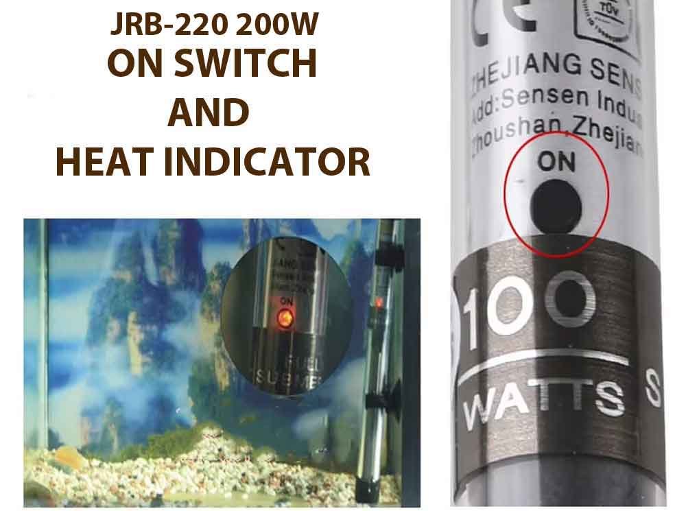 aquarium heater with power on switch and heating indicator light