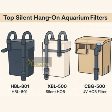 flat illustration of top silent aquarium hang-on filters including sunsun hbl-801, xbl-500, and cbg-500
