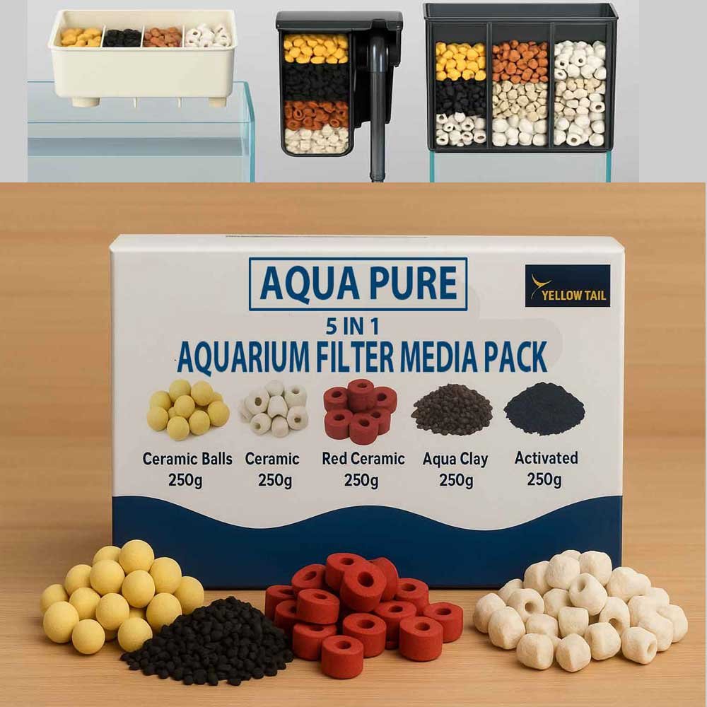 Aqua Pure aquarium filter media pack with ceramic balls, activated carbon, red ceramic rings, aqua clay, white ceramic rings, and aquarium filters filled with media