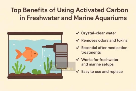 Illustration of fish tank with filter showing top benefits of using activated carbon in freshwater and marine aquariums