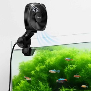 boyu fs-120 aquarium cooling fan bent forward directing airflow and light towards water surface with aquatic plants and fish