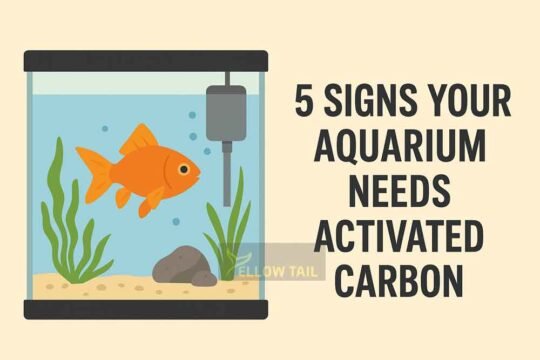 Illustration of goldfish aquarium with filter and text showing 5 signs your aquarium needs activated carbon