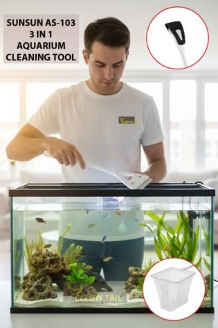 man wearing white yellow tail shirt cleaning aquarium glass with Sunsun AS 103 3 in 1 aquarium cleaning kit showing algae scraper fish tank brush and fish net tools