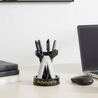 Lawyer collar pen holder on office desk with books and laptop, decorative resin desk organizer for lawyers and law students