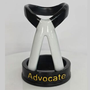Lawyer collar pen holder on office desk with laptop and books, decorative resin desk organizer for lawyers, advocates, judges, and law students